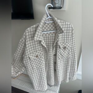 SHEIN Cream and Brown Checkered Teddy Jacket